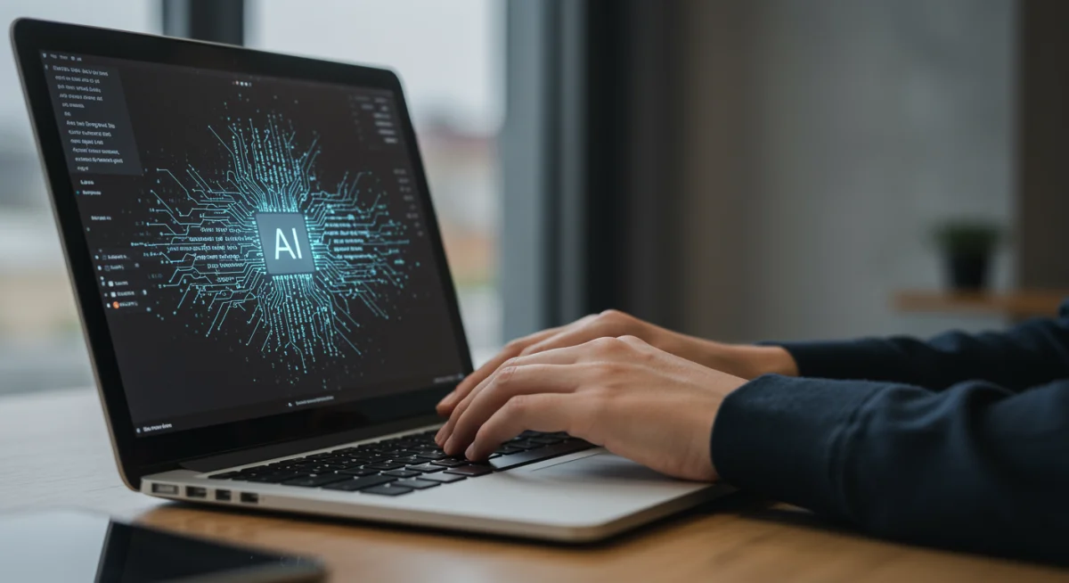 Mãos digitando em laptop, utilizando ferramenta de IA para gerar conteúdo de texto.