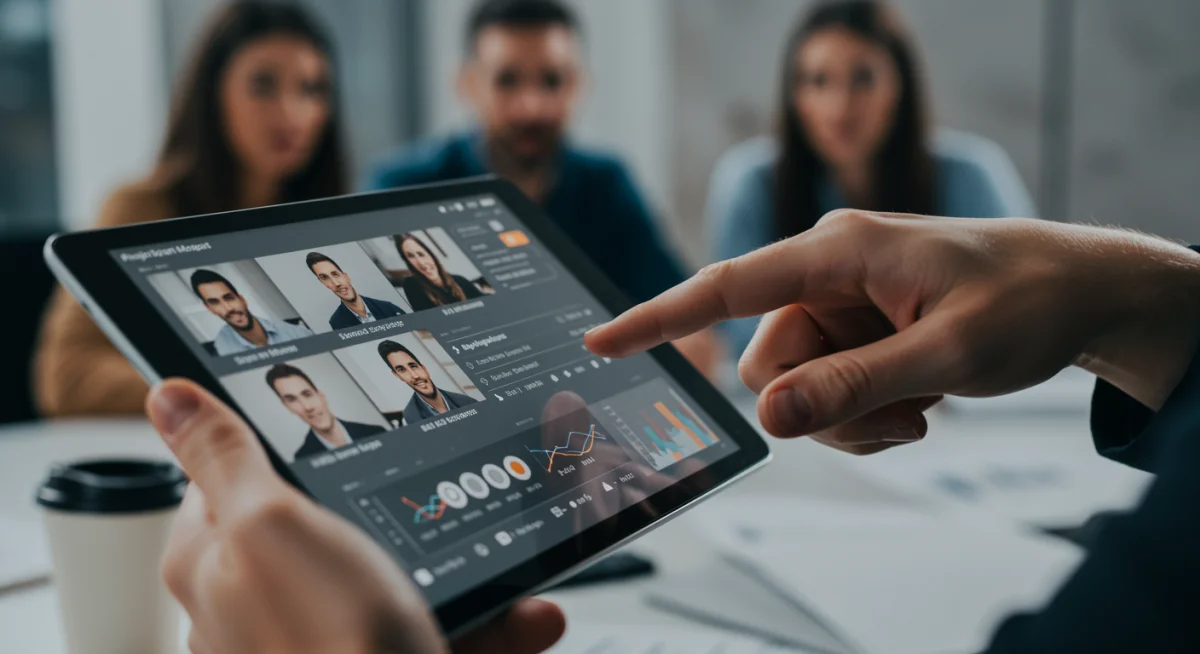 Mão interagindo com tablet exibindo painel de gestão de projetos online.