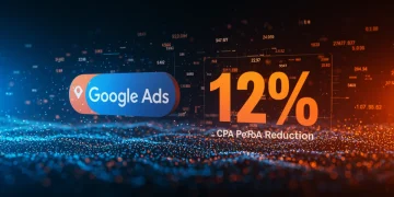 Logotipo do Google Ads com gráficos futuristas indicando otimização e redução de CPA em 2025.