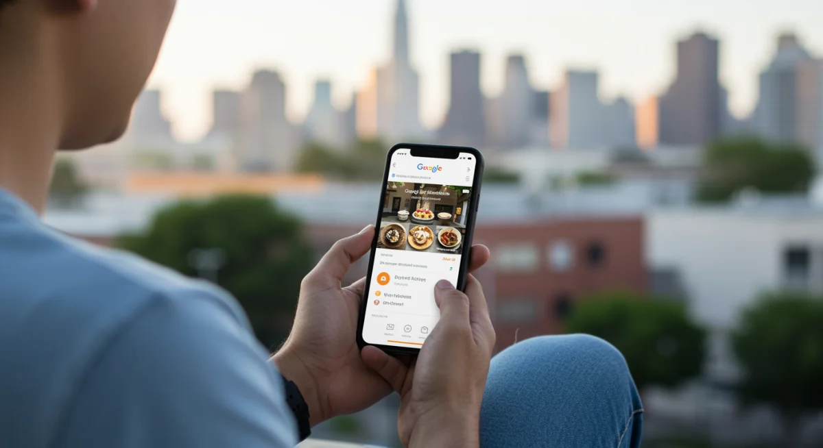 Pessoa visualizando um perfil otimizado do Google Meu Negócio em um smartphone, com informações detalhadas do estabelecimento.