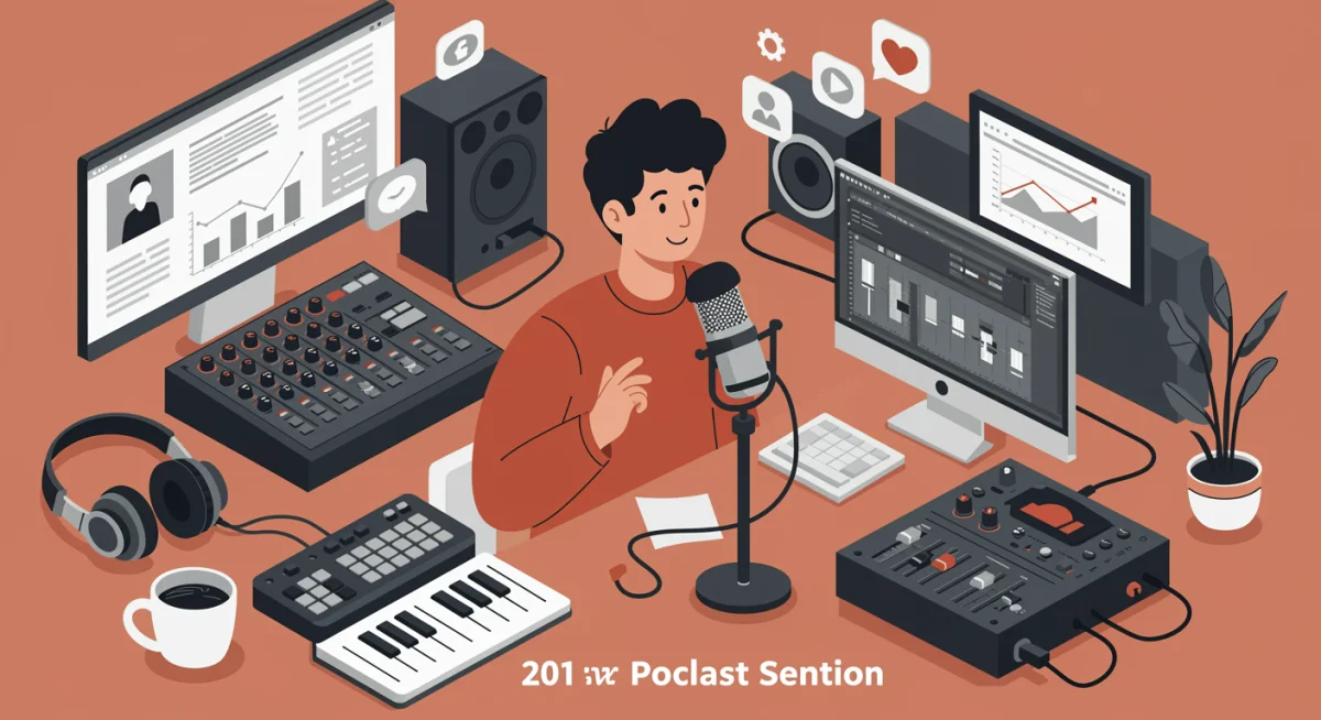 Pessoa gravando um podcast em um estúdio caseiro, com microfone e equipamentos de áudio, ilustrando a criação de conteúdo.