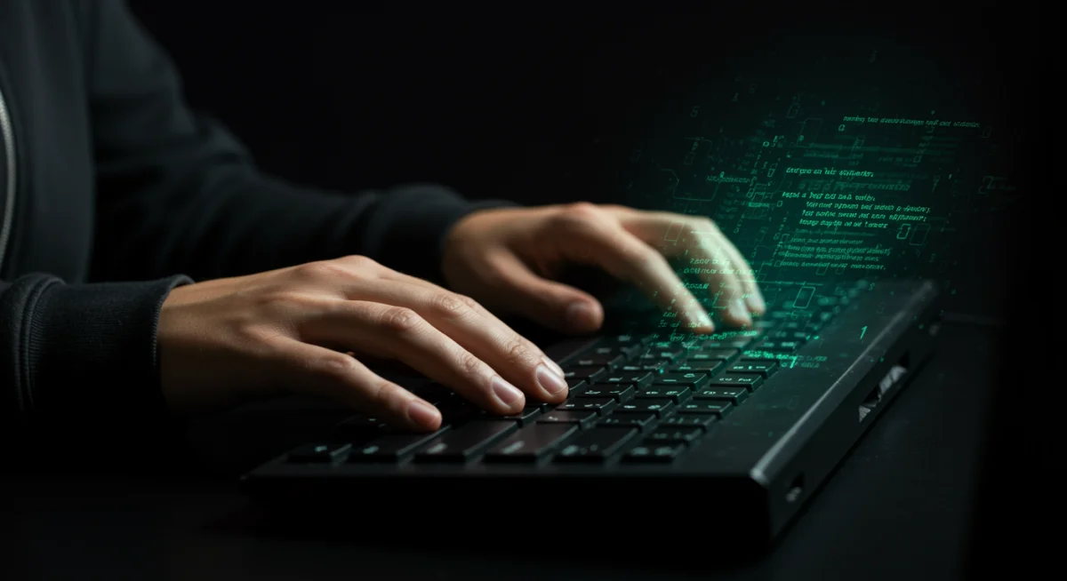 Mãos de hacker digitando em teclado, com código verde na tela, representando ataques de ransomware e espionagem cibernética.