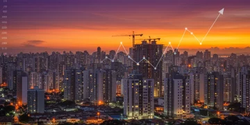 Horizonte urbano brasileiro com novos edifícios residenciais, simbolizando crescimento e otimismo no mercado imobiliário.