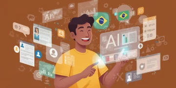 Pequena empresa brasileira utilizando ferramentas de inteligência artificial para otimizar criação de conteúdo digital.