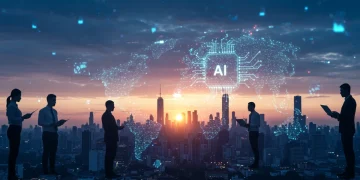 IA e Mercado de Trabalho Brasileiro 2025: Profissões e Requalificação Profissionais de diversas áreas interagindo com elementos digitais futuristas, representando a integração da IA no mercado de trabalho brasileiro em 2025.