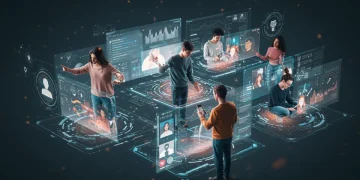 Influenciadores digitais colaborando em plataformas futuristas, simbolizando o marketing de influência em 2025.