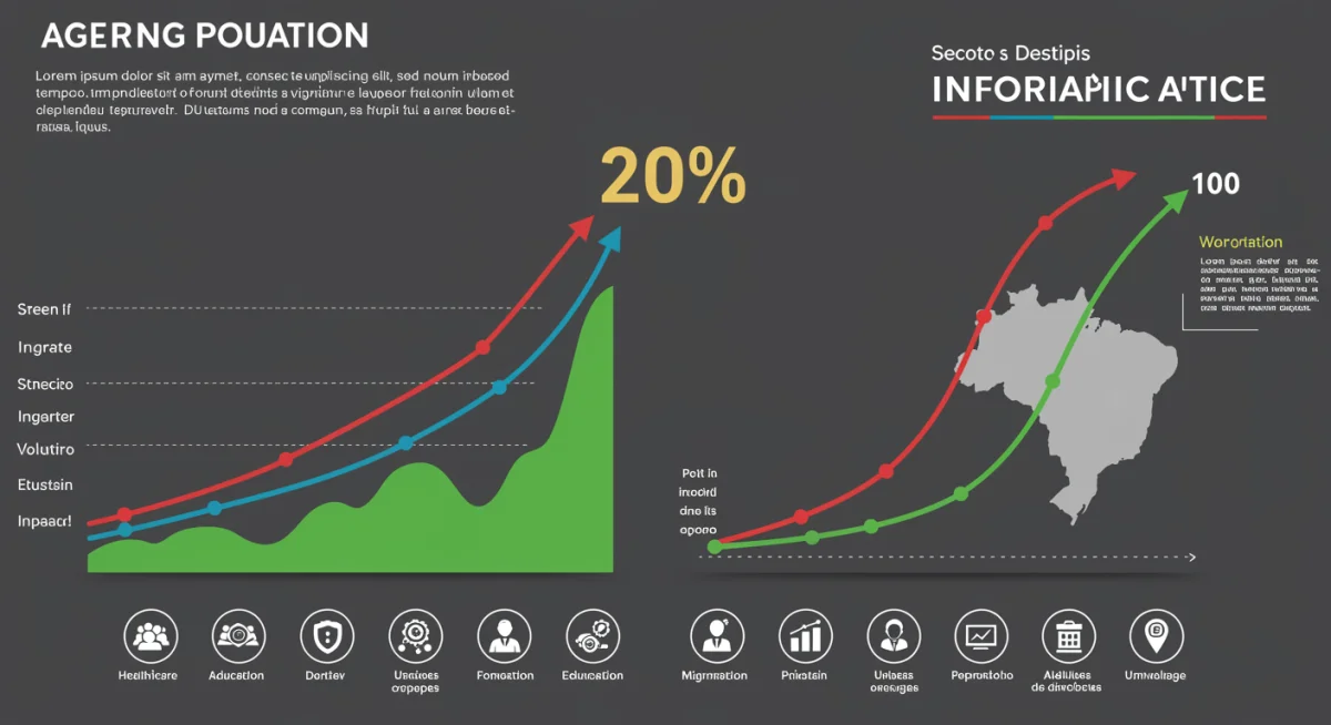 Infográfico detalhado mostrando o impacto do envelhecimento e da migração na força de trabalho brasileira até 2025.
