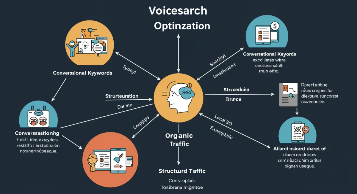 Infográfico detalhado sobre as três otimizações essenciais para pesquisa por voz em SEO.