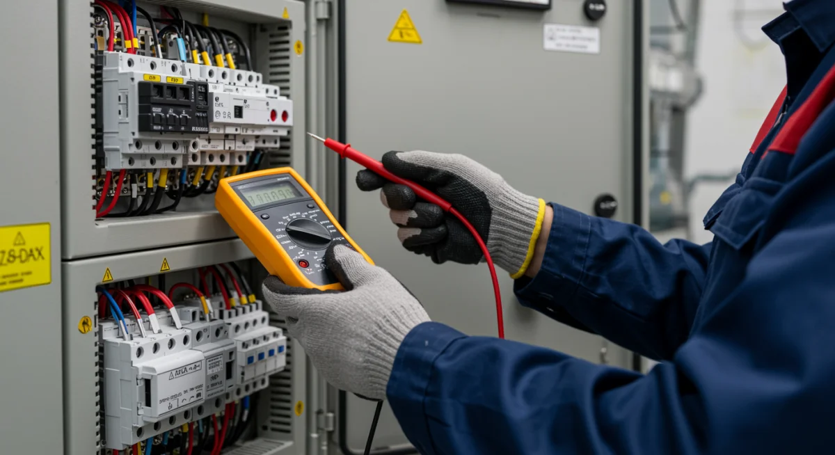 Técnico especializado inspecionando painel elétrico de um edifício, garantindo a segurança e o bom funcionamento das instalações.