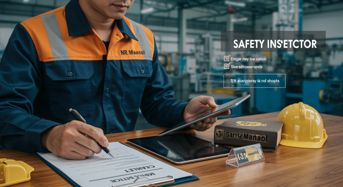 Inspetor de segurança revisando documentos e checklists, simbolizando a auditoria e conformidade com as Normas Regulamentadoras (NRs).