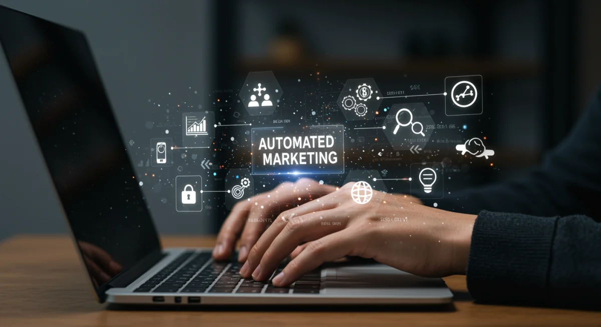 Mãos digitando em um laptop com ícones de ferramentas de marketing digital flutuando, ilustrando a integração de sistemas automatizados.