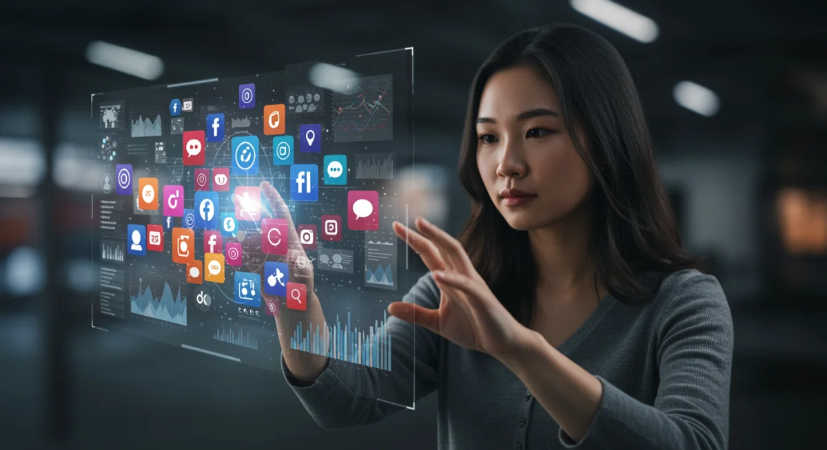 Pessoa interagindo com interface holográfica, exibindo ícones de mídias sociais e dados analíticos, demonstrando uso estratégico de novas plataformas.