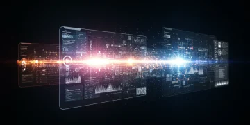 Interfaces digitais futuristas com elementos de inteligência artificial e interação humana, representando as tendências de UX/UI para 2025.