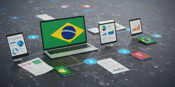 Dispositivos digitais interconectados com elementos de segurança e documentos legais, simbolizando a proteção de dados e a conformidade com a LGPD no Brasil.