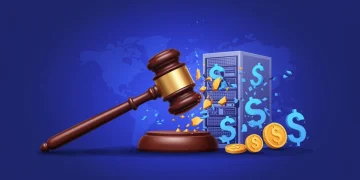 LGPD: 3 Casos Recentes de Multas Milionárias em 2024 Martelo da justiça batendo em um servidor de dados, com cifrões e fragmentos digitais, simbolizando multas pesadas da LGPD. Ilustração digital.