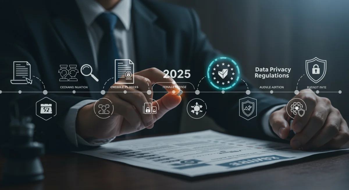 Linha do tempo destacando marcos e prazos importantes da LGPD, com foco na conformidade para o ano de 2025, ilustrando a evolução regulatória.