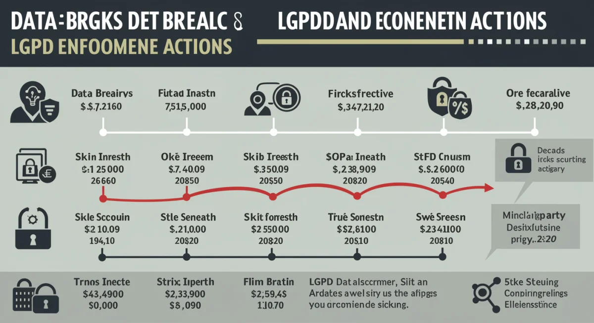 Gráfico detalhado exibindo uma linha do tempo de violações de dados e ações de fiscalização da LGPD, com datas e valores de multas crescentes. Design moderno com ícones de segurança.