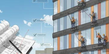 Equipe de manutenção predial realizando inspeção de segurança em fachada de edifício moderno em 2025.