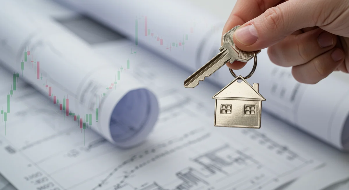 Mão segurando uma chave de casa, com gráficos financeiros positivos ao fundo, simbolizando acesso e oportunidades no mercado imobiliário.