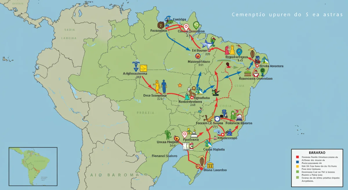 Mapa do Brasil destacando rotas turísticas e locais de eventos que impulsionam o turismo interno.