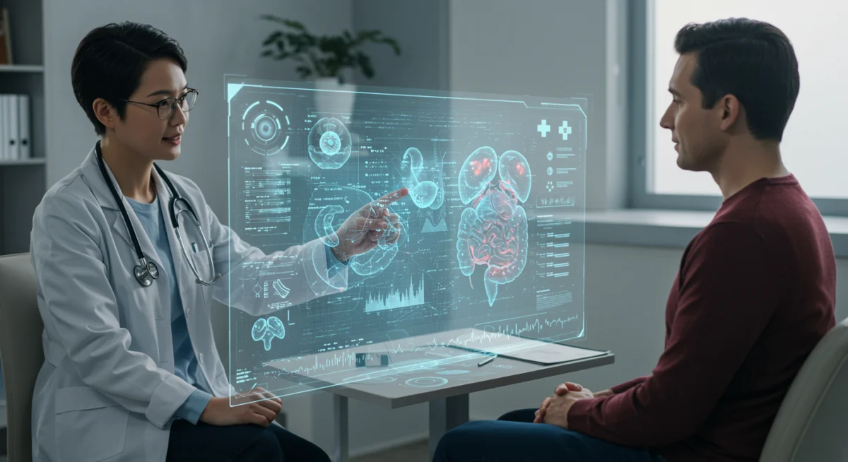 Médico e paciente interagindo com display holográfico de dados médicos e modelos 3D de órgãos, ilustrando a medicina personalizada.