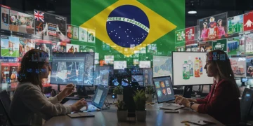 Mercado digital vibrante com produtos internacionais e bandeira do Brasil, simbolizando o e-commerce transfronteiriço.