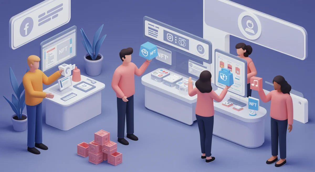 Avatares interagindo em um metaverso vibrante, exibindo itens virtuais de marca e participando de programas de fidelidade baseados em NFTs.