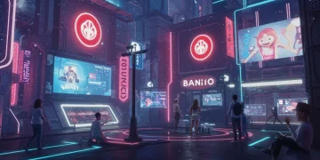 Metaverso para Marcas: Estratégias de Engajamento 2025 Um ambiente de metaverso futurista com avatares interagindo com marcas digitais e elementos de publicidade imersiva.