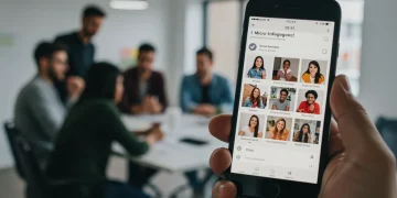 Tela de smartphone com posts de micro-influenciadores em um ambiente de escritório moderno, simbolizando campanhas digitais.