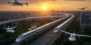 Paisagem urbana futurista com veículos de transporte avançados e eficientes, simbolizando a mobilidade global em 2025.