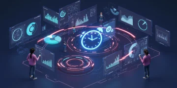 Painel de automação de marketing digital com gráficos de desempenho e ícone de relógio, simbolizando economia de tempo e otimização.