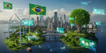 Paisagem urbana futurista com elementos de inteligência artificial e sustentabilidade no Brasil em 2025