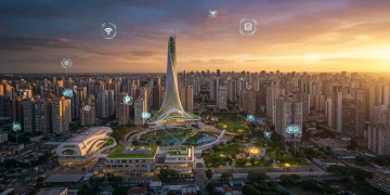 Paisagem urbana futurista de uma cidade brasileira ao pôr do sol, com edifícios modernos e áreas verdes.