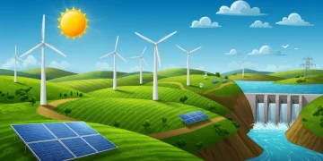 Panorama de energias renováveis no Brasil com painéis solares, turbinas eólicas e hidrelétricas, simbolizando a matriz limpa de 2024.