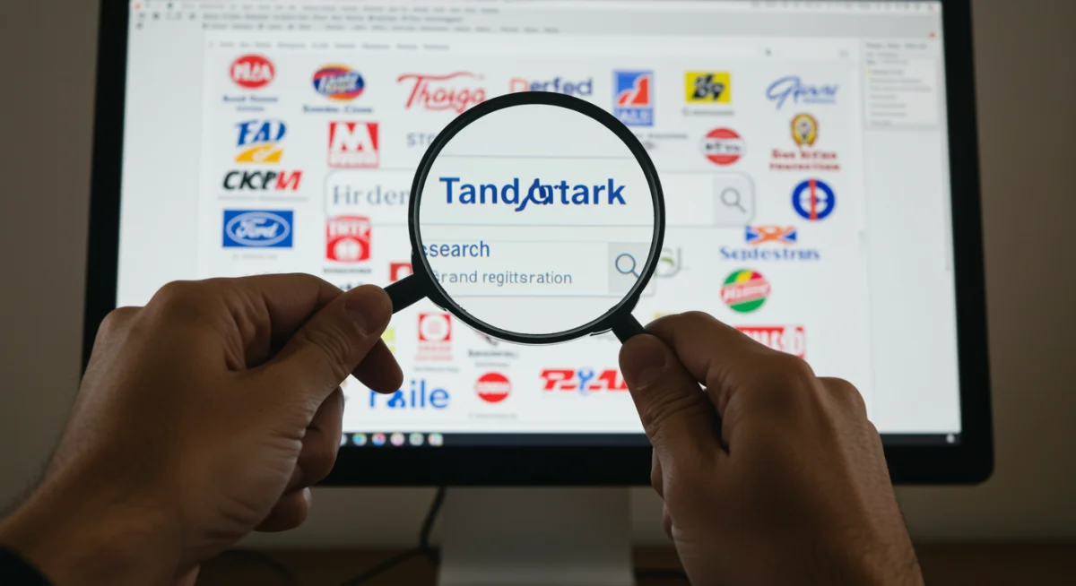 Mãos segurando lupa sobre tela de computador com pesquisa de marcas, simbolizando busca prévia no INPI.