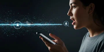 Pesquisa por Voz e SEO: Otimizações Essenciais para 2025 Pessoa interagindo com assistente de voz em smartphone, simbolizando a pesquisa por voz e SEO.