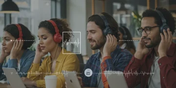 Podcasts e Áudio: Estratégias Digitais para 2025 e Crescimento de 30% em 2024 Pessoas de diversas idades ouvindo podcasts em fones de ouvido, com ondas sonoras digitais ao redor, simbolizando o crescimento do consumo de áudio.