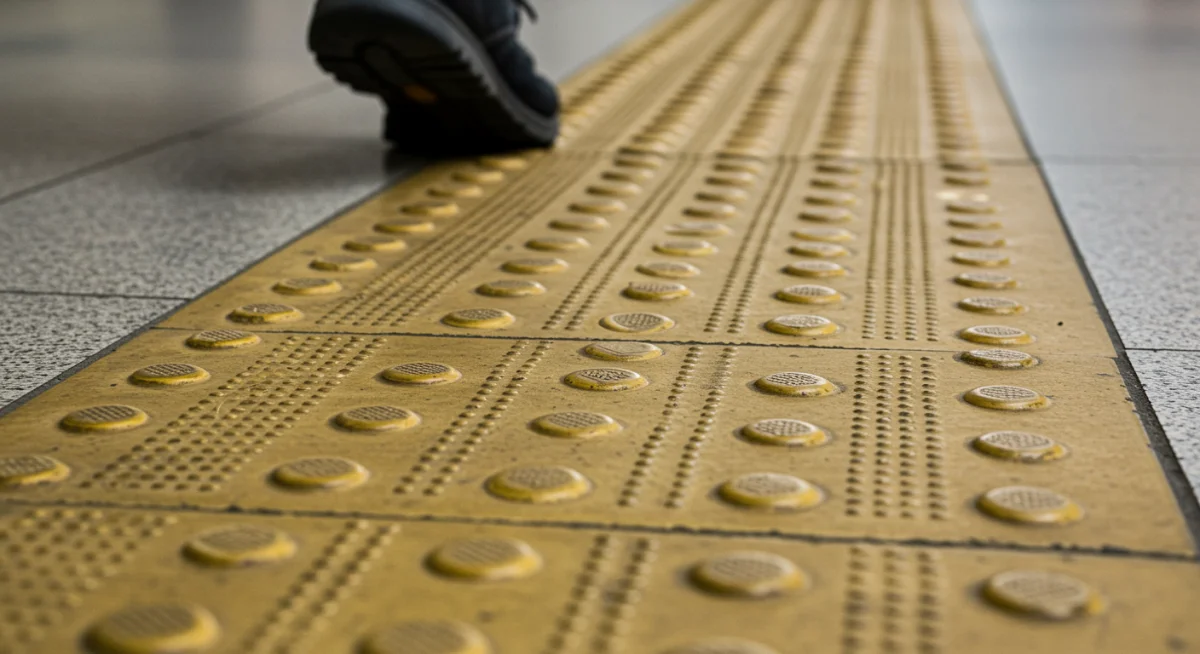 Piso tátil em destaque, com textura para orientação de pessoas com deficiência visual, em um ambiente público.