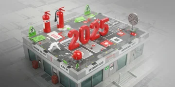 Planta baixa de edificação com símbolos de segurança e a data 2025, representando um plano de segurança contra incêndio e pânico.