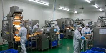 Alerta ANVISA 2025: Novas Regras para Alimentos – Prepare-se em 3 Meses Linha de produção de alimentos moderna com trabalhadores supervisionando a qualidade e segurança