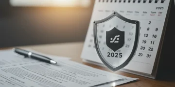 Logo estilizado sob um escudo transparente, simbolizando a proteção de marca no INPI em 2025.