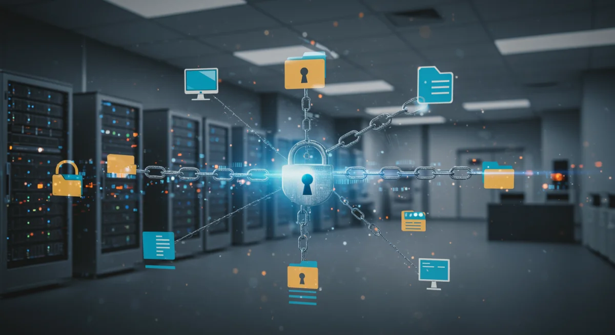 Ransomware atacando uma rede corporativa com arquivos criptografados e cadeados digitais.