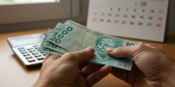 Mãos segurando notas de Real com calculadora e calendário 2025 ao fundo, simbolizando o reajuste do salário mínimo.