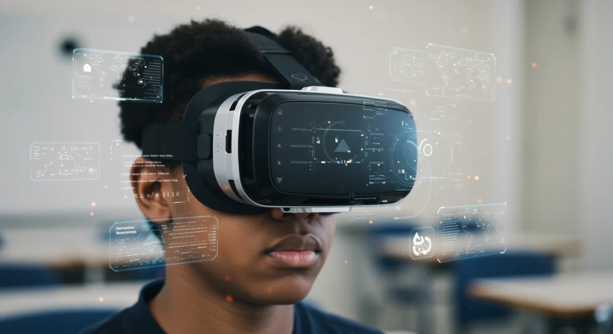 Estudante utilizando óculos de realidade virtual em uma experiência de aprendizagem imersiva e personalizada.