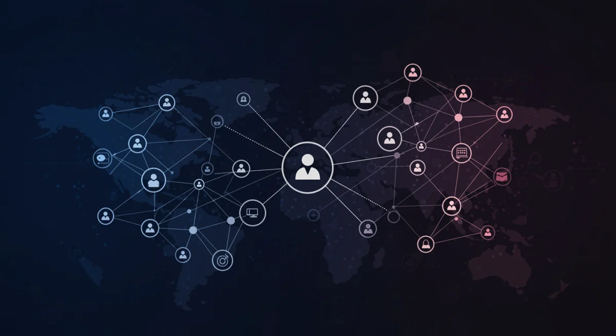 Ilustração de rede com círculos menores conectados a um círculo maior, representando a influência e o alcance de micro-influenciadores para uma marca.