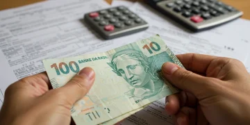 Mão segurando cédula de real com formulários de imposto ao fundo, simbolizando a reforma tributária 2025.