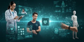 Profissional de saúde utilizando telemedicina para consulta, paciente monitorando sinais vitais com wearable e interfaces de IA exibindo dados médicos.