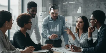 Atualização 2025: Legislação Trabalhista e Impacto no RH Profissionais de RH analisando a legislação trabalhista de 2025 em painel digital.