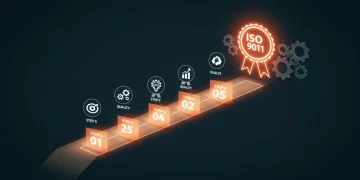 Um roteiro visual com 6 passos detalhados para a Certificação ISO 9001 em 2025, destacando o selo de qualidade no final.