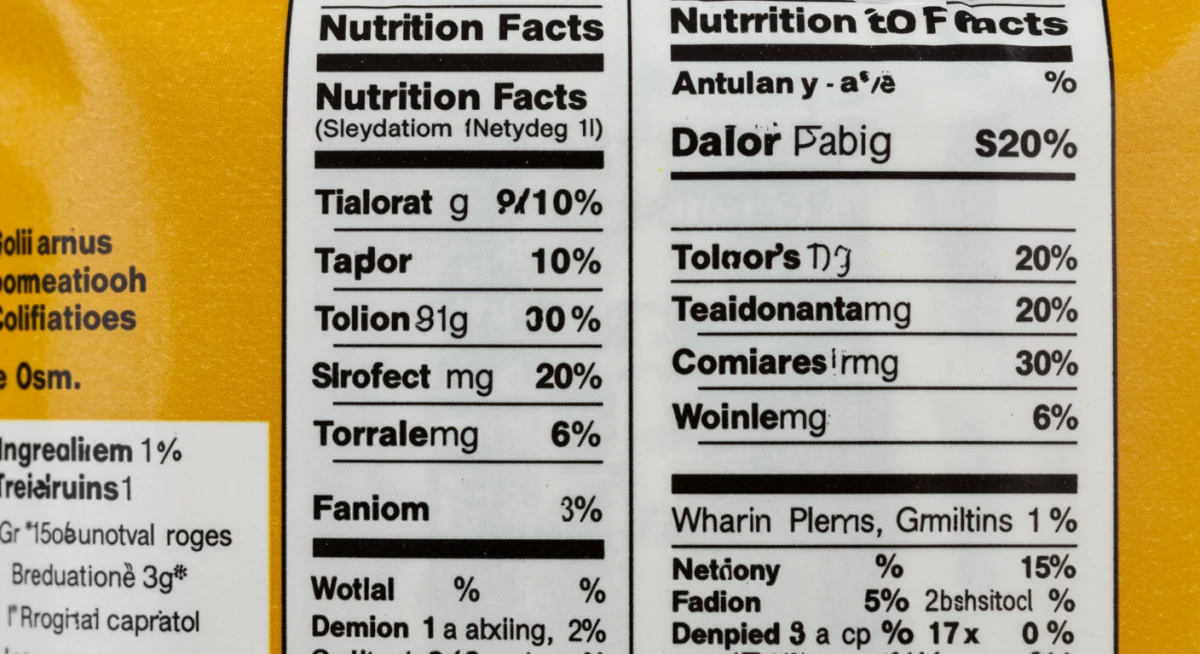 Rótulo de produto alimentício com informações nutricionais detalhadas e selos de conformidade
